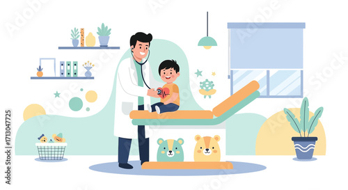 Pediatric checkup illustration showcasing doctor examining a young boy with stethoscope in a