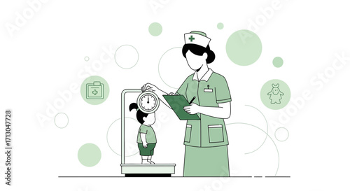 Pediatric check-up: Nurse measuring a child's height on a stadiometer in hospital for regular