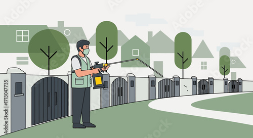 Pest control worker spraying insecticide along residential property line vector design concept