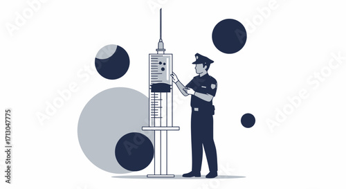 Police Officer Examining a Giant Syringe Medical Metaphor Depicting Disease Prevention