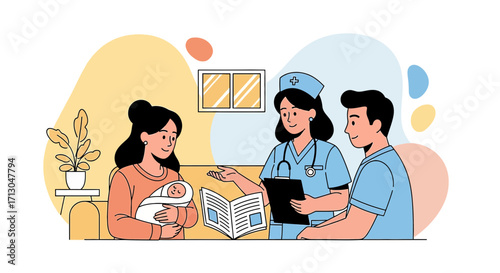 Postpartum care and support illustration depicting a nurse advising new parents with newborn baby