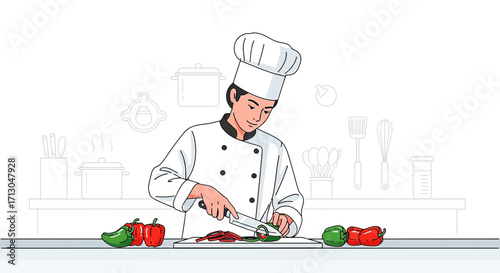 Professional chef meticulously preparing fresh vegetables in a modern kitchen setting illustration