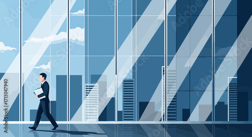Professional businessman walking inside a modern office building with glass windows cityscape