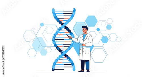 Scientist analyzing the structure of DNA double helix, illustration in research genetics