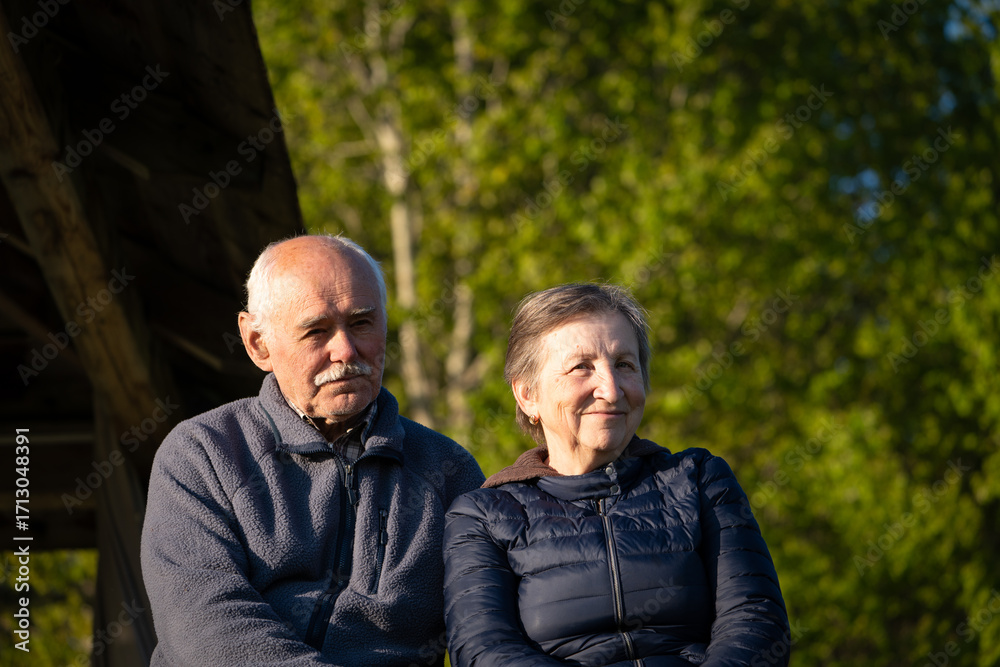 Fototapeta premium Portrait of a Happy Elderly Couple Sitting Outdoors