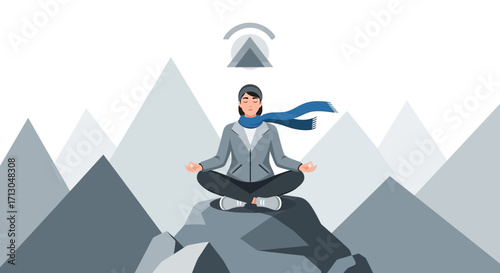 Serene mindful woman in yoga pose sitting on peak mountain meditation outdoor peaceful landscape