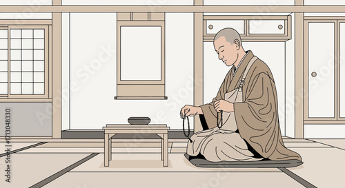 Serene Monk Meditating with Prayer Beads in Traditional Japanese Room, promoting mindful practice