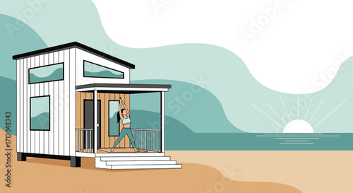 Serene Morning Yoga Session on the Deck of a Modern Tiny House by the Ocean at Sunrise