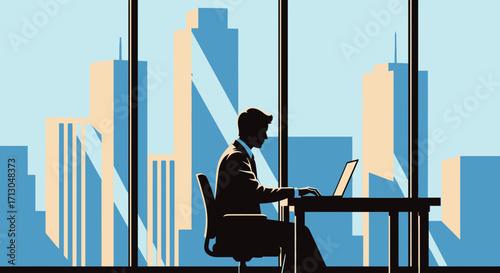 Silhouette of a businessman working on a laptop with a city skyline backdrop through a window