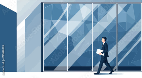 Stylized illustration of a businessman walking past a modern office building facade