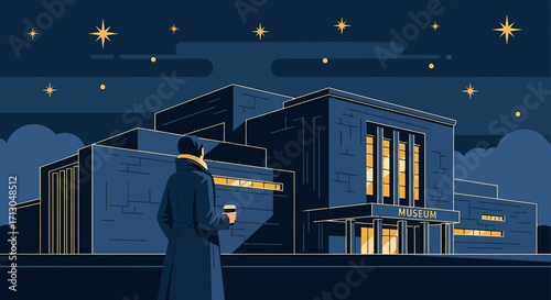 Stylized illustration of a museum at night with a visitor holding a coffee cup