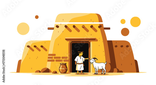 Stylized illustration of an arabian man with goat and traditional adobe house scenery