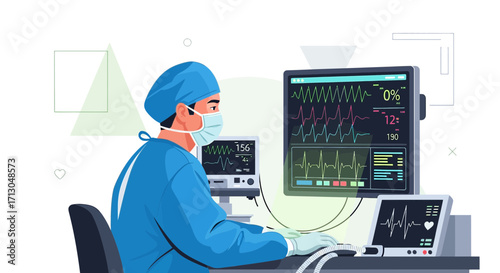 Surgeon monitoring vital signs on multiple displays during medical procedure in operating room
