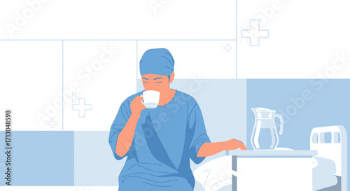 Surgeon taking a break and enjoying a coffee in a hospital room with minimal design showing the calm