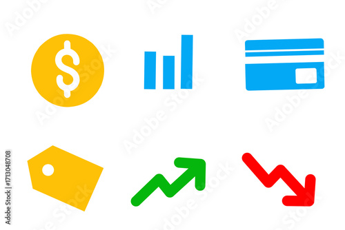 colorful icons about finance, credit card, dollar, up arrow and down arrow