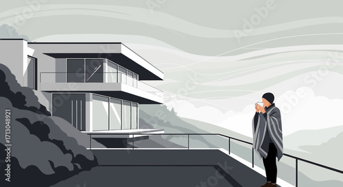 Vector art illustration showcasing a modern house with mountain views and relaxing figure