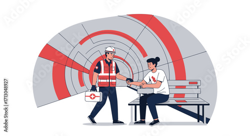 Vector illustration of a paramedic helping a woman after an earthquake emergency response and