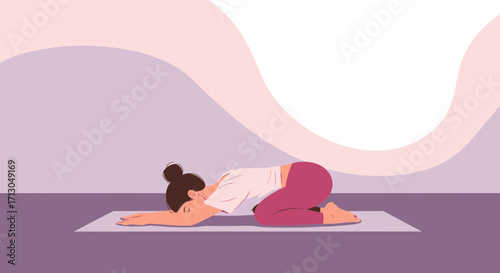 Woman in child's pose illustration portraying relaxation and calmness through yoga practice