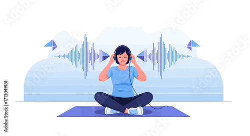 Woman listening to music with headphones meditating while sound waves surround her in a peaceful