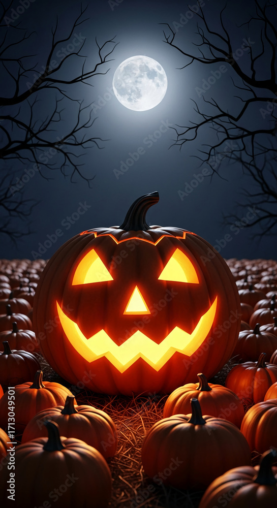 Lit jack-o'-lantern among pumpkins under a full moon, creating a spooky Halloween scene perfect for autumnal celebrations and thematic designs Lit jack-o'-lantern among pumpkins under a full moon, creating a spooky Halloween scene perfect for autumnal celebrations and thematic designs