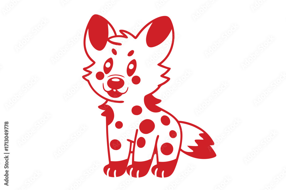 Fototapeta premium Cute red spotted cartoon hyena sits facing forward on a clean white background
