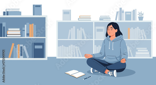 Woman meditating in a room with bookshelves engaging in mindfulness and relaxation techniques for