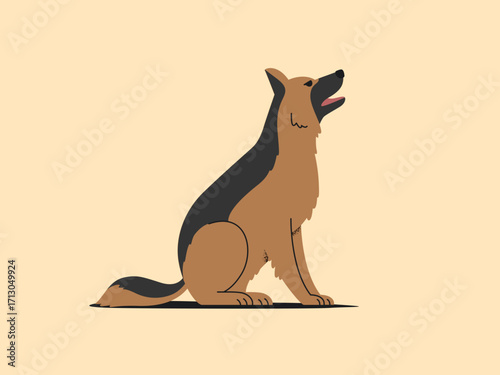 Vector illustration of a German Shepherd dog sitting and looking up with its mouth open on a beige background.