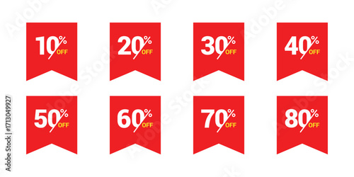 Bright red ribbon flag discount labels showing 10, 20, 30, 40, 50, 60, 70, and 80 percent off for sales, product promotions, and retail marketing events.