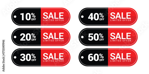Stylish black and red capsule-shaped sale tags with discount values of 10, 20, 30, 40, 50, and 60 percent off for limited time offer promotions and marketing campaigns.