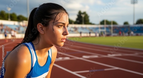Focused Female Athletes Intense Gaze Before the Race on a Sunlit Stadium Track.