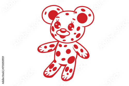 Dotted red teddy bear character stands on a white background ready for play