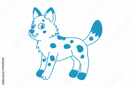Happy cartoon dog smiles with a blue outline and distinct spots over its body