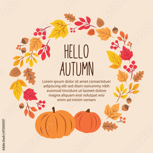 Fall background with colorful autumn leaves and pumpkins and hello autumn text