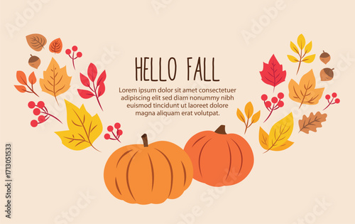 Fall background with colorful autumn leaves and pumpkins and hello fall text