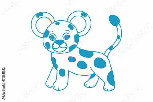 Isolated blue cartoon baby jaguar poses with big round ears smiling sweetly
