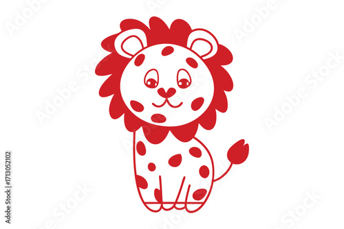Isolated red cartoon lion sits sweetly with a cute and spotted body over white