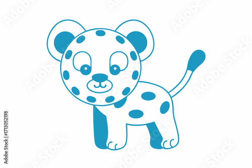 Isolated white cartoon leopard cub outlined in blue is smiling on a white background