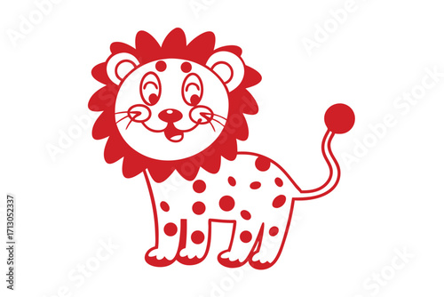 Joyful cartoon lion with red mane and spots smiles on a white backdrop