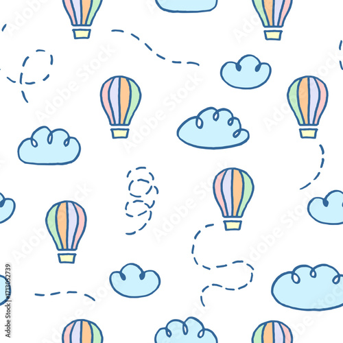 Vector seamless pattern with freehand drawn cartoon hot air balloon and clouds on white background