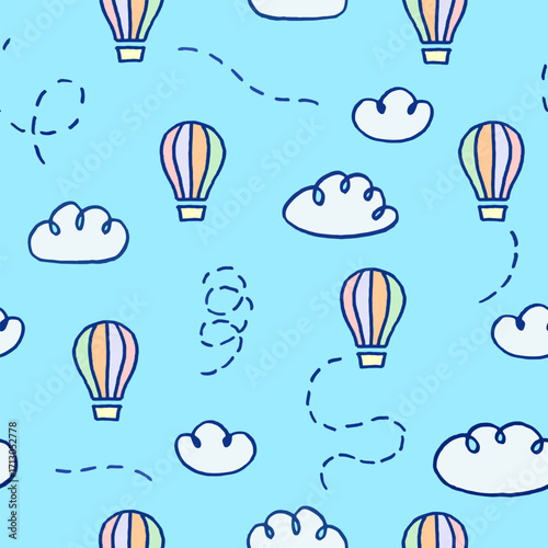 Vector seamless pattern with freehand drawn cartoon hot air balloon and clouds on blue background