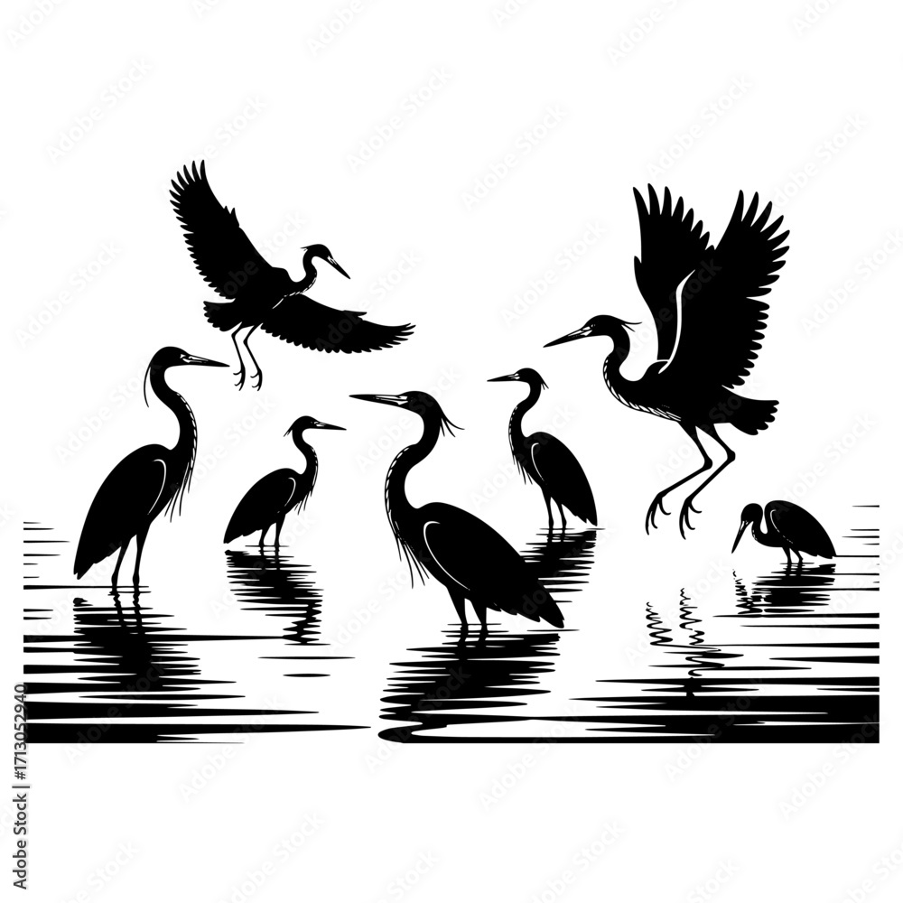 Fototapeta premium Elegant Herons in Silhouette Serene Waterside Reflections Against Decorative Border Captivating Wildlife Scene Depiction of Nature's Beauty