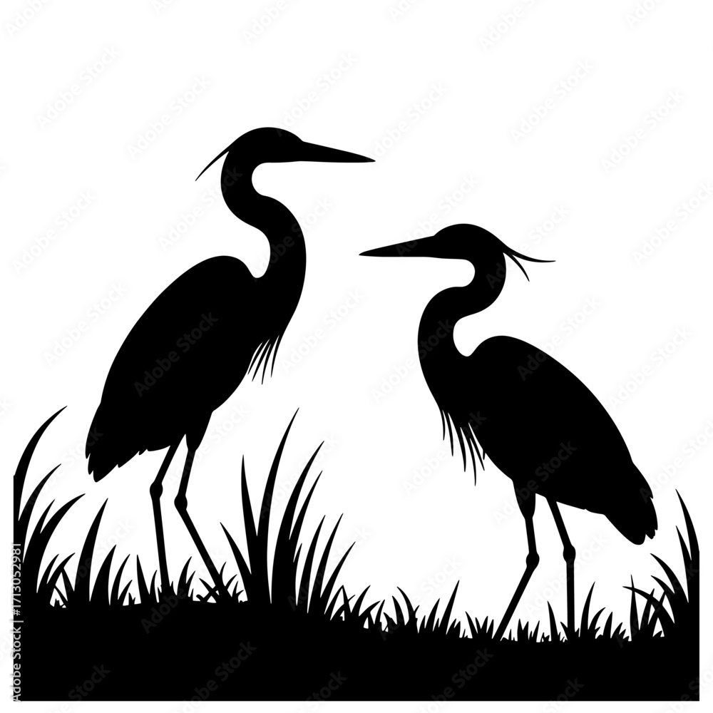 Obraz premium Elegant Heron Silhouette in Wetland Habitat Artistic Impression of Wildlife in Graphic Black and White Design with Decorative Border