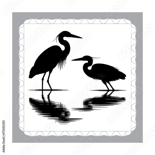 Black and White Heron Silhouette in a Marsh with Reeds Reflected in the Water Creating a Serene Wildlife Scene