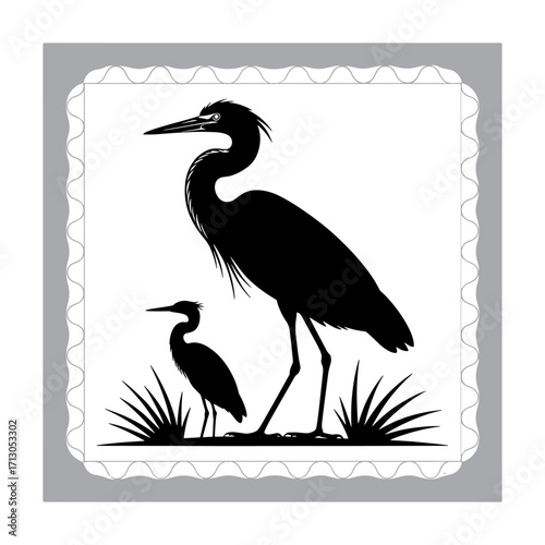 Black and White Heron Silhouette in a Marsh with Reeds Reflected in the Water Creating a Serene Wildlife Scene