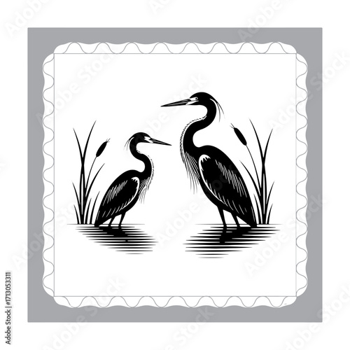 Black and White Heron Silhouette in a Marsh with Reeds Reflected in the Water Creating a Serene Wildlife Scene