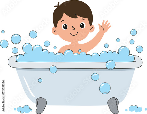 Cartoon boy in bathtub with soap bubbles, cute child bathing, happy clean hygiene illustration, bathroom fun concept with water foam