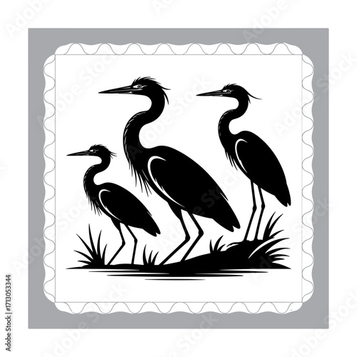 Black and White Heron Silhouette in a Marsh with Reeds Reflected in the Water Creating a Serene Wildlife Scene