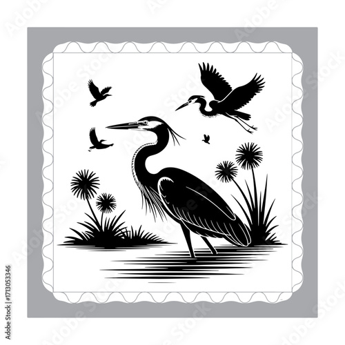 Black and White Heron Silhouette in a Marsh with Reeds Reflected in the Water Creating a Serene Wildlife Scene