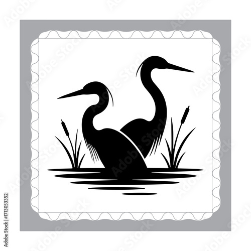 Black and White Heron Silhouette in a Marsh with Reeds Reflected in the Water Creating a Serene Wildlife Scene
