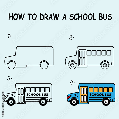 How to draw a School Bus. Good for drawing child kid illustration. Vector illustration	
